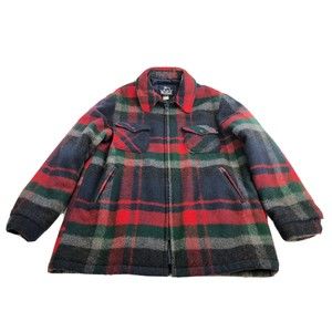 Woolrich Men Muti Plaid Collared Long Barn Coat Size L lined Vintage Made USA